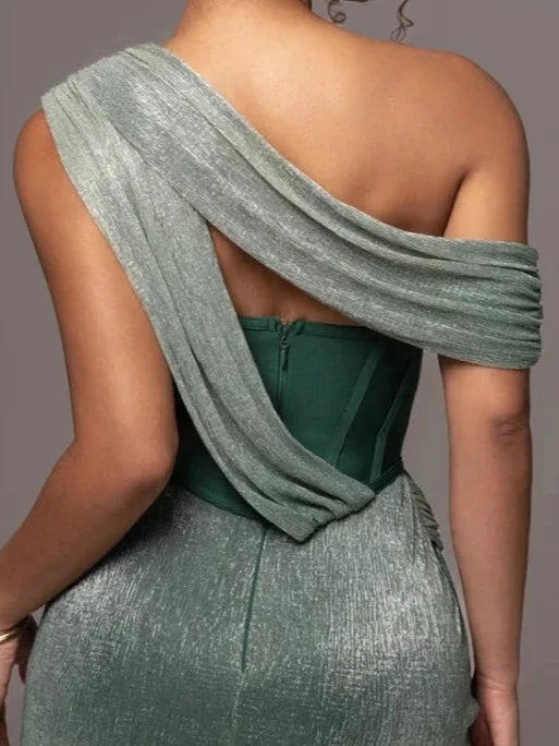 Sparkly One Shoulder Draped Maxi Dress Backless Corset Style for Evening Elegance - Hot fashionista