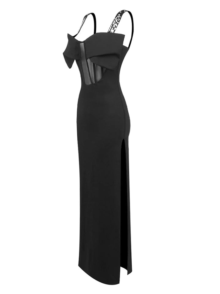 Elegant Maxi Evening Gown with Diamond Mesh, Spaghetti Straps & Bow