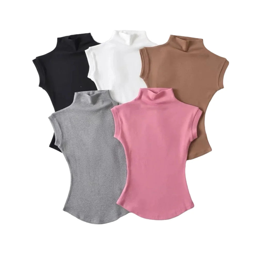 Womens Sleeveless Turtleneck Tops Summer Stretch Slim Fit Short Sleeve Mock Neck Women's Causal Basics High Neck Tank Tops - Hot fashionista