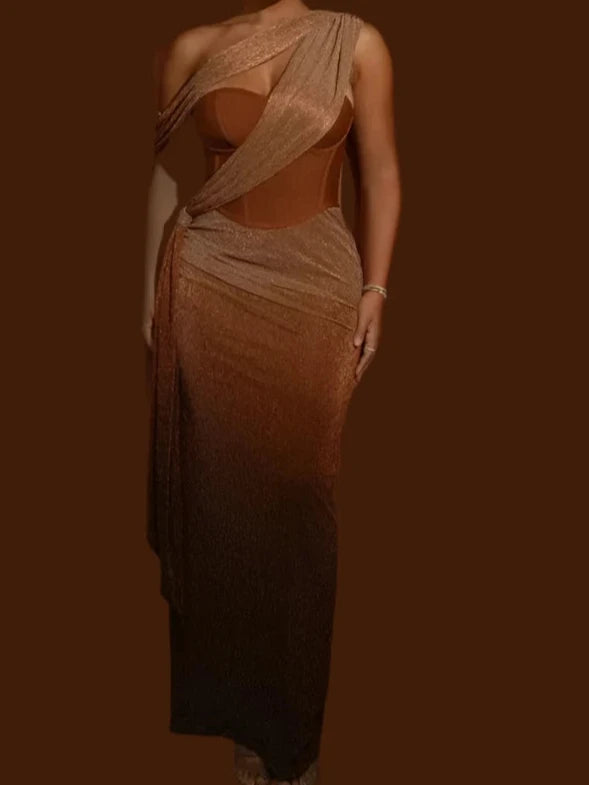 Sparkly One Shoulder Draped Maxi Dress Backless Corset Style for Evening Elegance - Hot fashionista