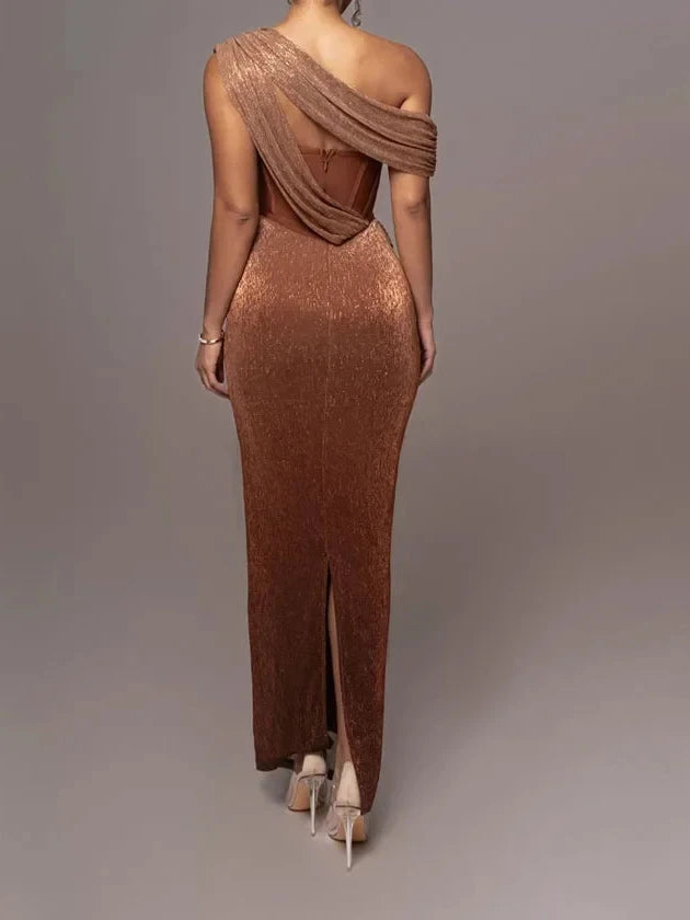 Sparkly One Shoulder Draped Maxi Dress Backless Corset Style for Evening Elegance