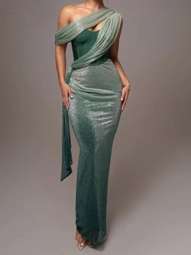 Sparkly One Shoulder Draped Maxi Dress Backless Corset Style for Evening Elegance - Hot fashionista