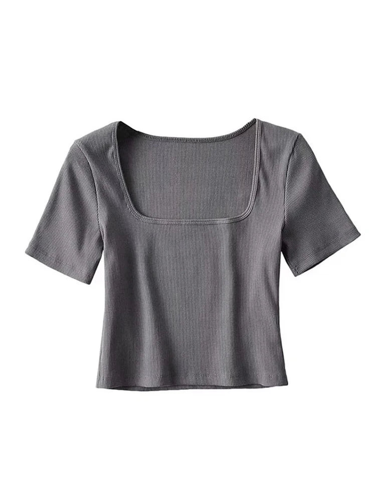 Square Neck Rib Short Sleeve Crop Top