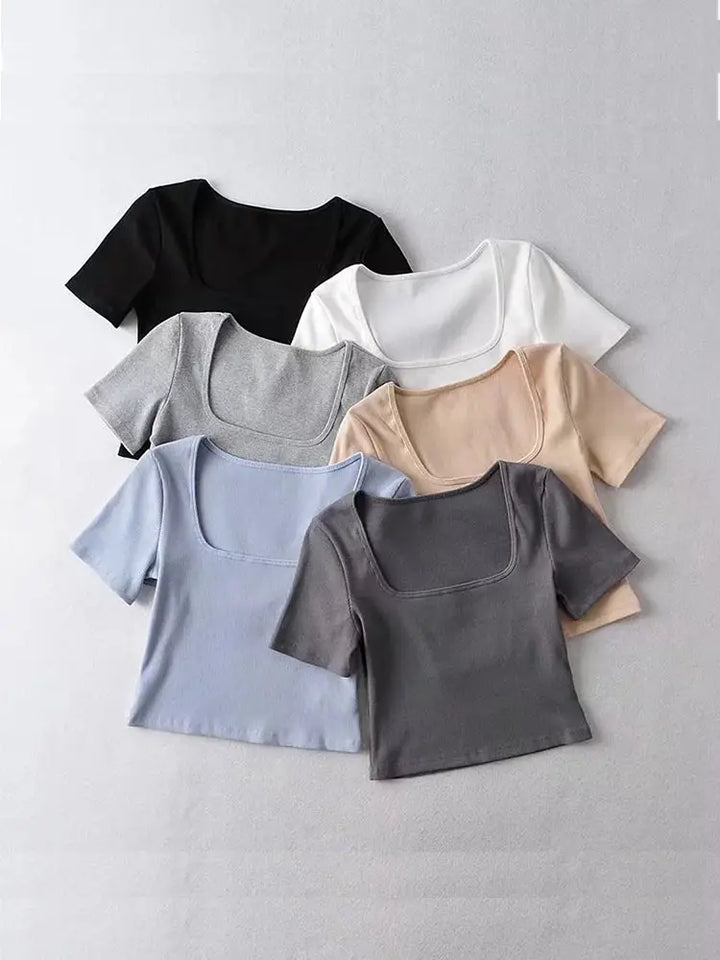 Square Neck Rib Short Sleeve Crop Top