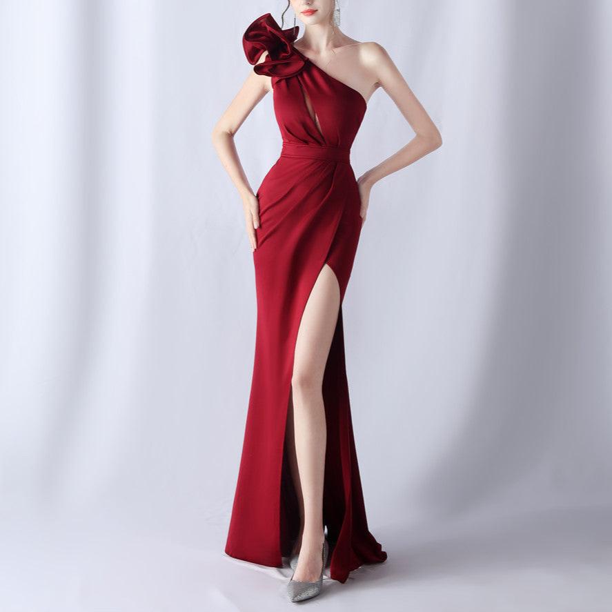 Teddy One Shoulder with Overlap Slit Evening Dress - Hot fashionista