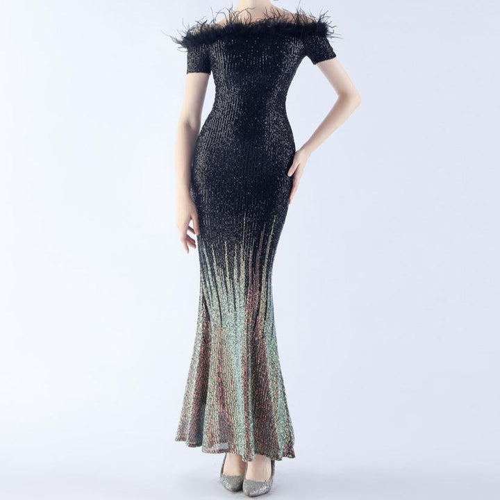 Theodora Off Shoulder Ostrich Feather Sequined  Gradient Dress - Hot fashionista