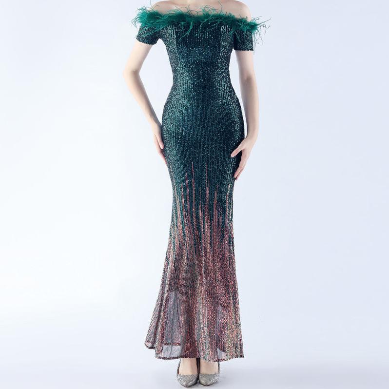 Theodora Off Shoulder Ostrich Feather Sequined  Gradient Dress - Hot fashionista