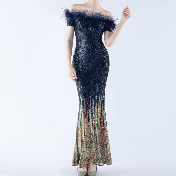 Theodora Off Shoulder Ostrich Feather Sequined  Gradient Dress - Hot fashionista