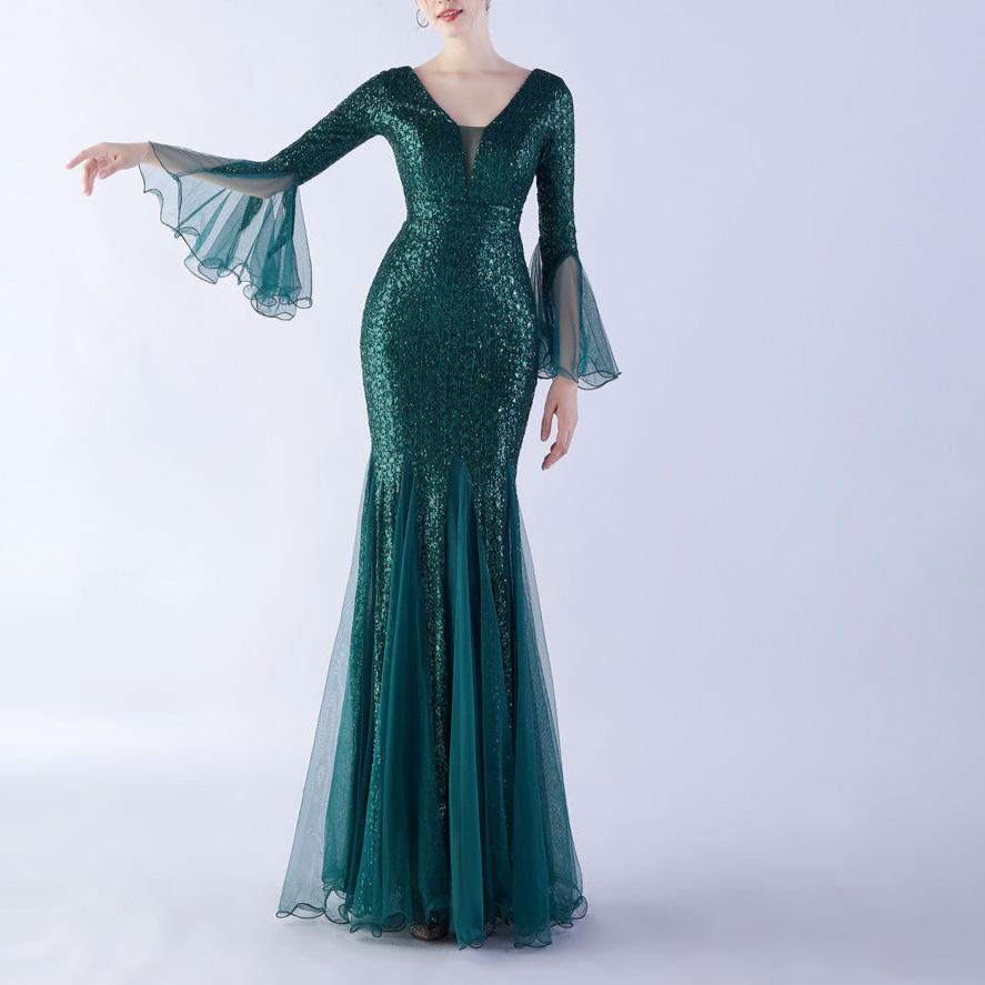 Virginia Sequined V-neck Long Sleeves Mermaid Dress - Hot fashionista