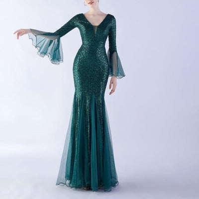 Virginia Sequined V-neck Long Sleeves Mermaid Dress