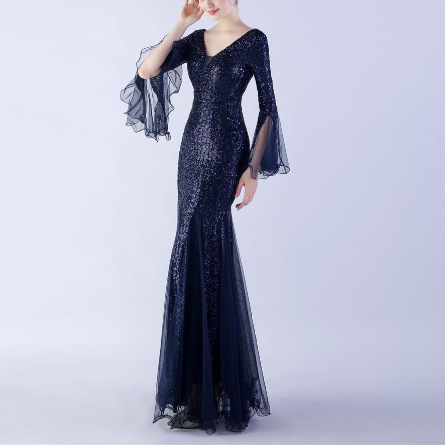 Virginia Sequined V-neck Long Sleeves Mermaid Dress - Hot fashionista