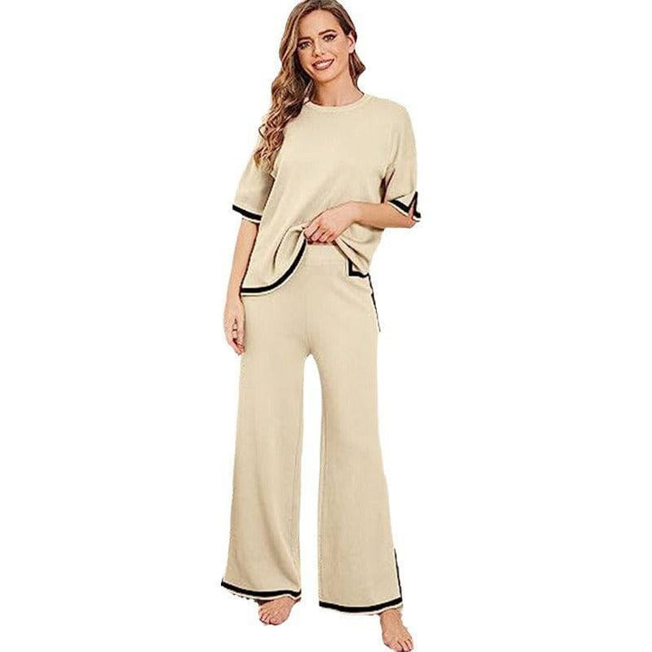 New summer knitted suit sweater suit short-sleeved pullover wide-leg pants - Hot fashionista