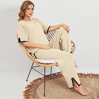 New summer knitted suit sweater suit short-sleeved pullover wide-leg pants