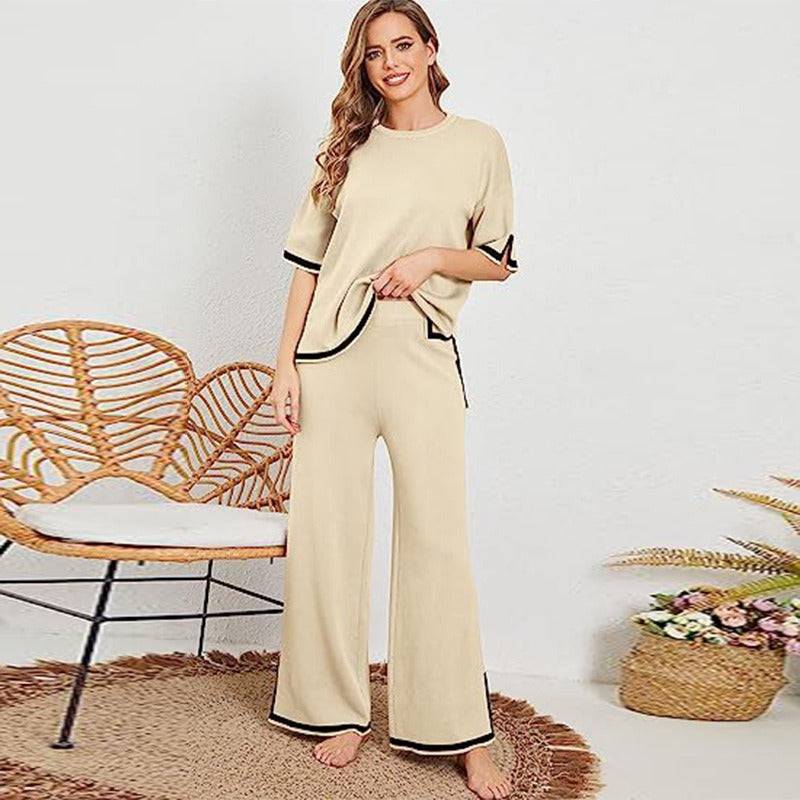 New summer knitted suit sweater suit short-sleeved pullover wide-leg pants - Hot fashionista