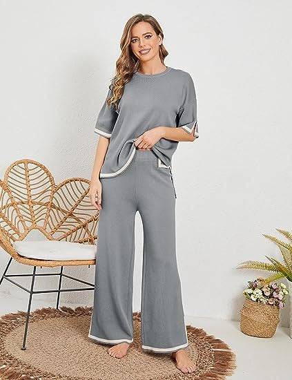 New summer knitted suit sweater suit short-sleeved pullover wide-leg pants - Hot fashionista