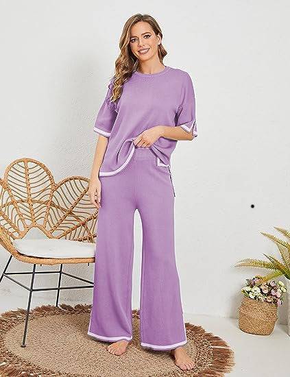 New summer knitted suit sweater suit short-sleeved pullover wide-leg pants - Hot fashionista