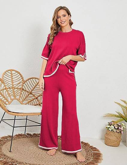 New summer knitted suit sweater suit short-sleeved pullover wide-leg pants - Hot fashionista