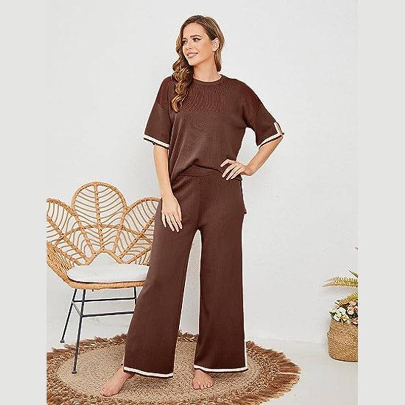 New summer knitted suit sweater suit short-sleeved pullover wide-leg pants - Hot fashionista