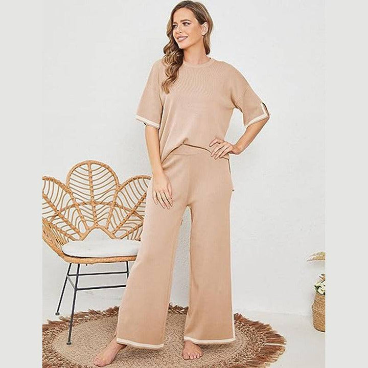 New summer knitted suit sweater suit short-sleeved pullover wide-leg pants - Hot fashionista