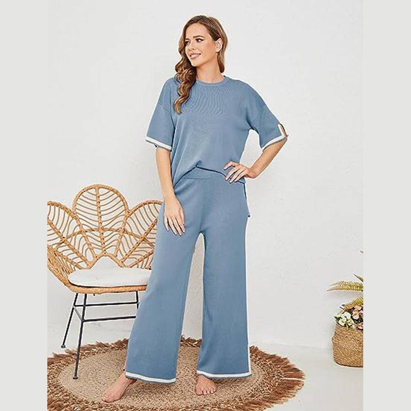 New summer knitted suit sweater suit short-sleeved pullover wide-leg pants - Hot fashionista