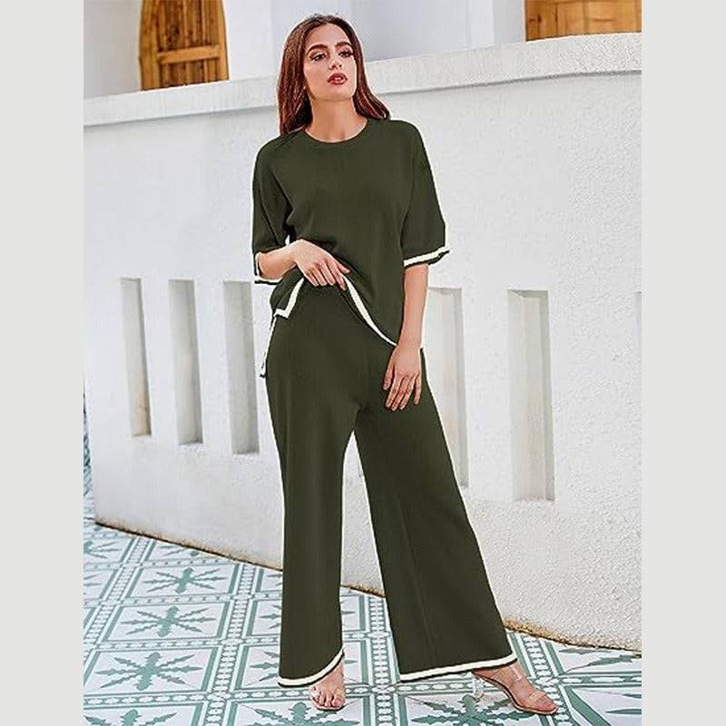 New summer knitted suit sweater suit short-sleeved pullover wide-leg pants - Hot fashionista