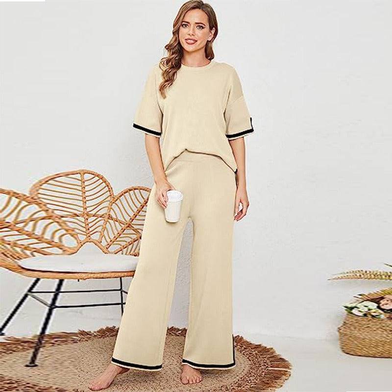 New summer knitted suit sweater suit short-sleeved pullover wide-leg pants - Hot fashionista