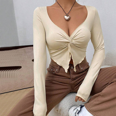 Slim fit V-neck twisted fashionable knitted sweater ultra short long sleeved top