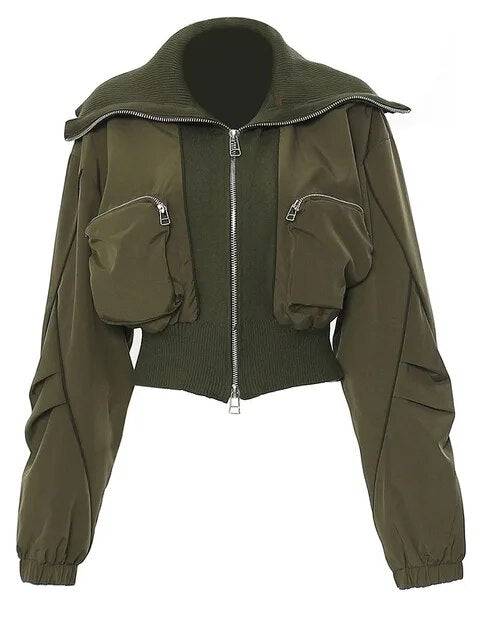 Chaqueta informal holgada de color verde militar con bolsillos grandes y solapa nueva de manga larga para mujer, moda de tendencia para primavera y otoño 