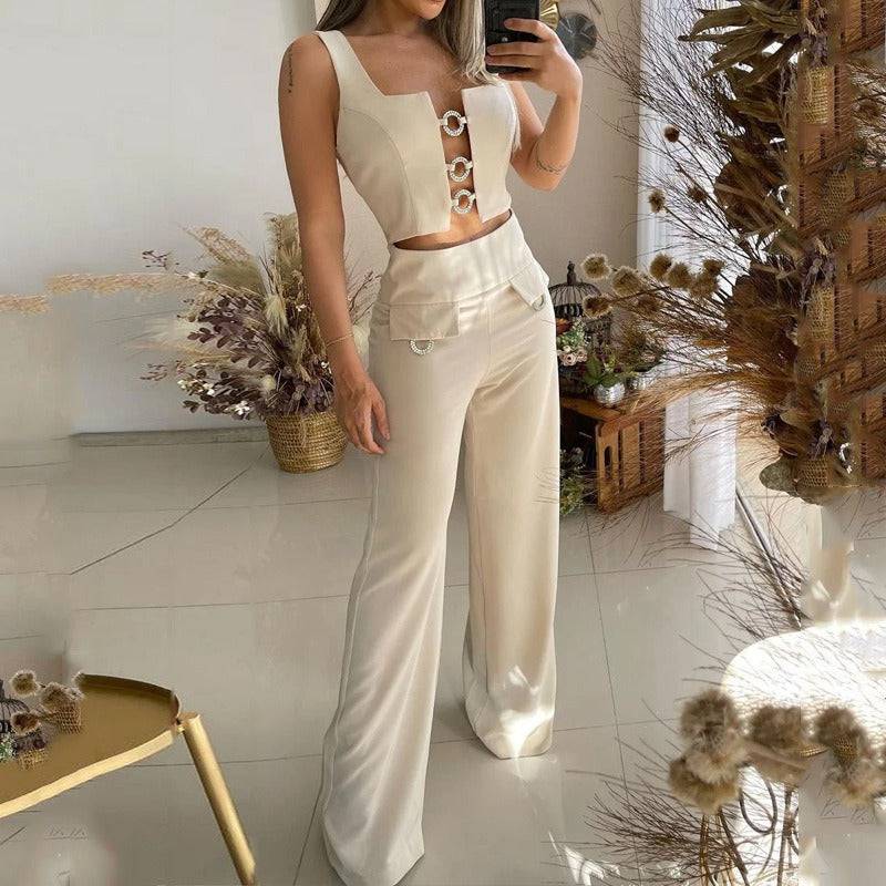 Square Neck Top Loose Flare Pants Two Piece Set - Hot fashionista