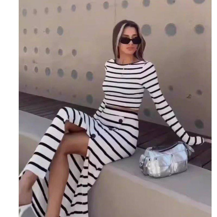 nora classic black and white striped long sleeved crop top and button up skirt - Hot fashionista