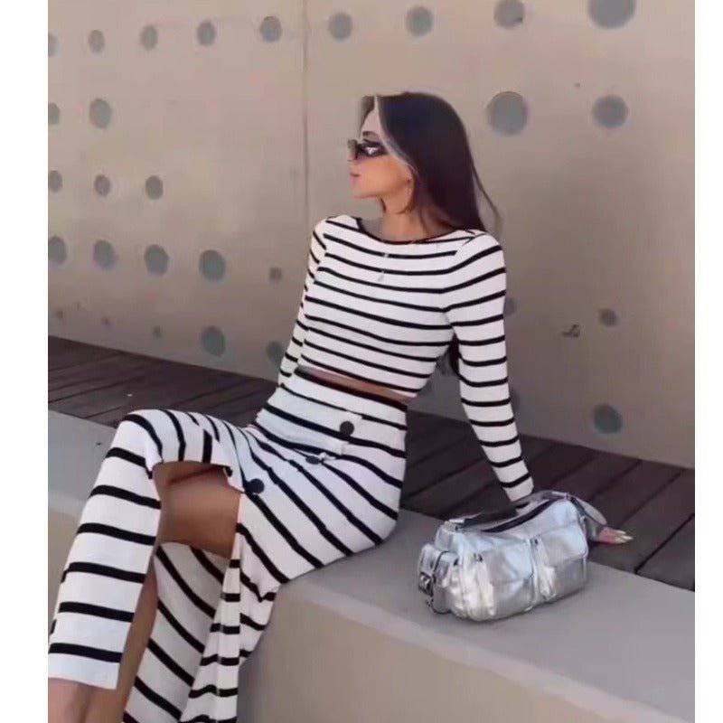 nora classic black and white striped long sleeved crop top and button up skirt - Hot fashionista