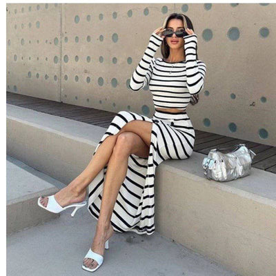 nora classic black and white striped long sleeved crop top and button up skirt