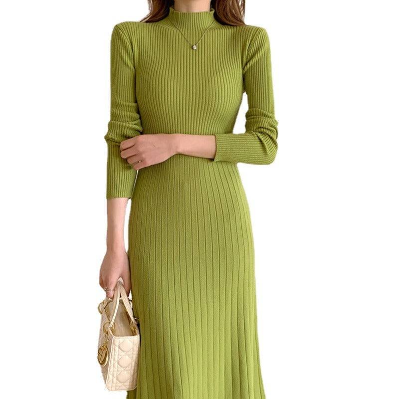 Mid length knee length sweater skirt with a half high collar and a bottom A-line knitted dress for women - Hot fashionista