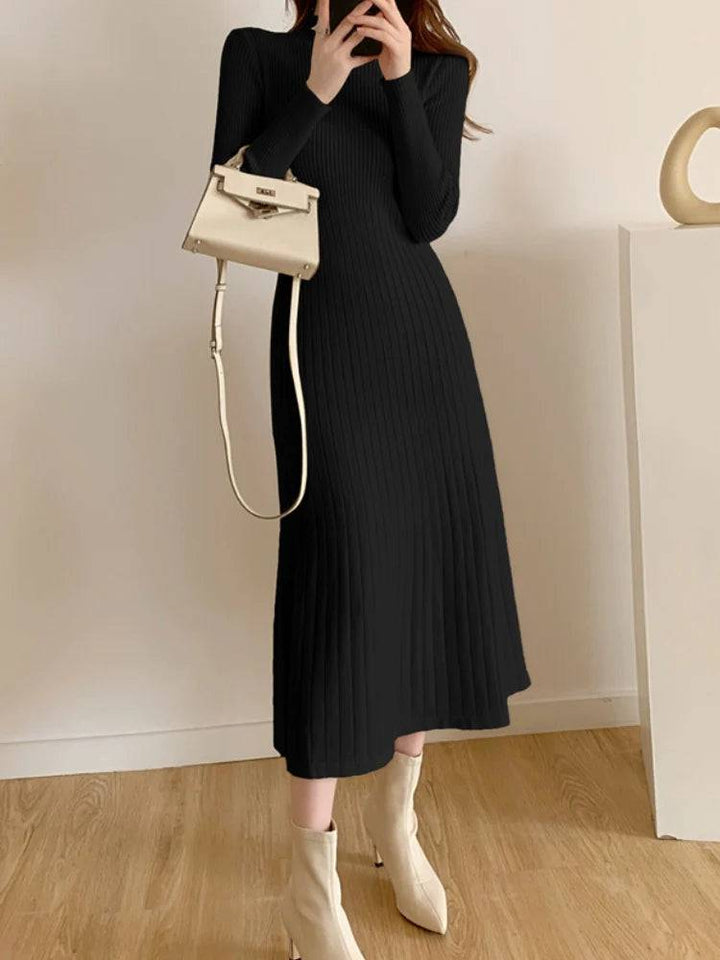 Mid length knee length sweater skirt with a half high collar and a bottom A-line knitted dress for women - Hot fashionista