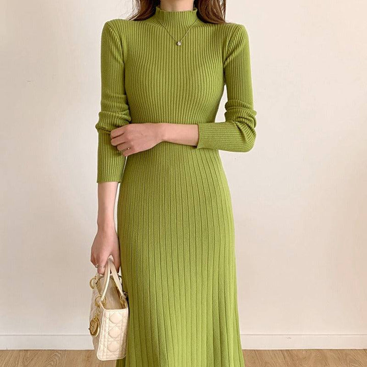 Mid length knee length sweater skirt with a half high collar and a bottom A-line knitted dress for women - Hot fashionista