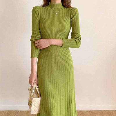 Mid length knee length sweater skirt with a half high collar and a bottom A-line knitted dress for women