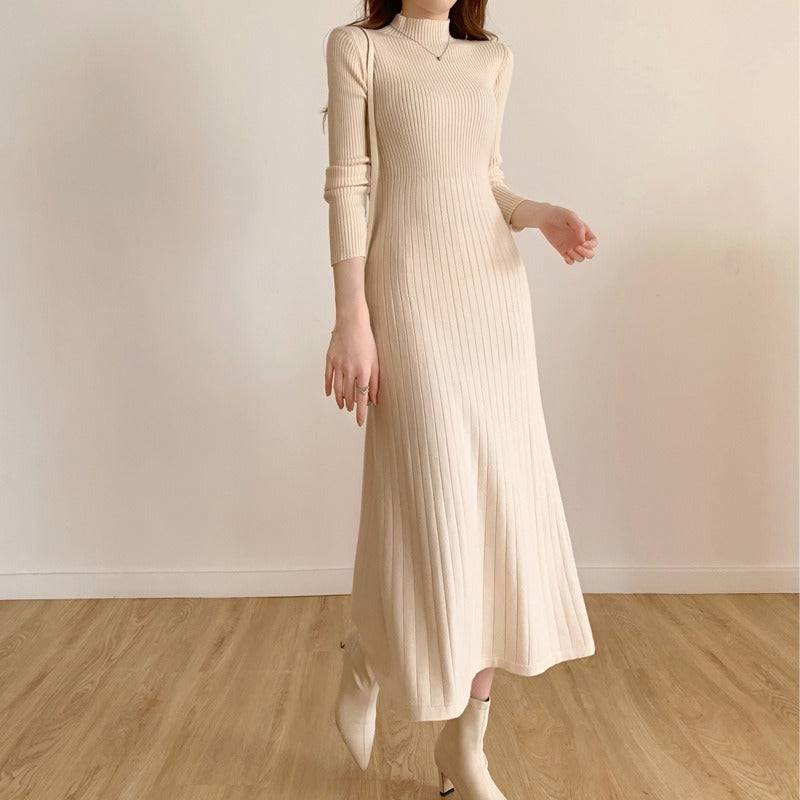 Mid length knee length sweater skirt with a half high collar and a bottom A-line knitted dress for women