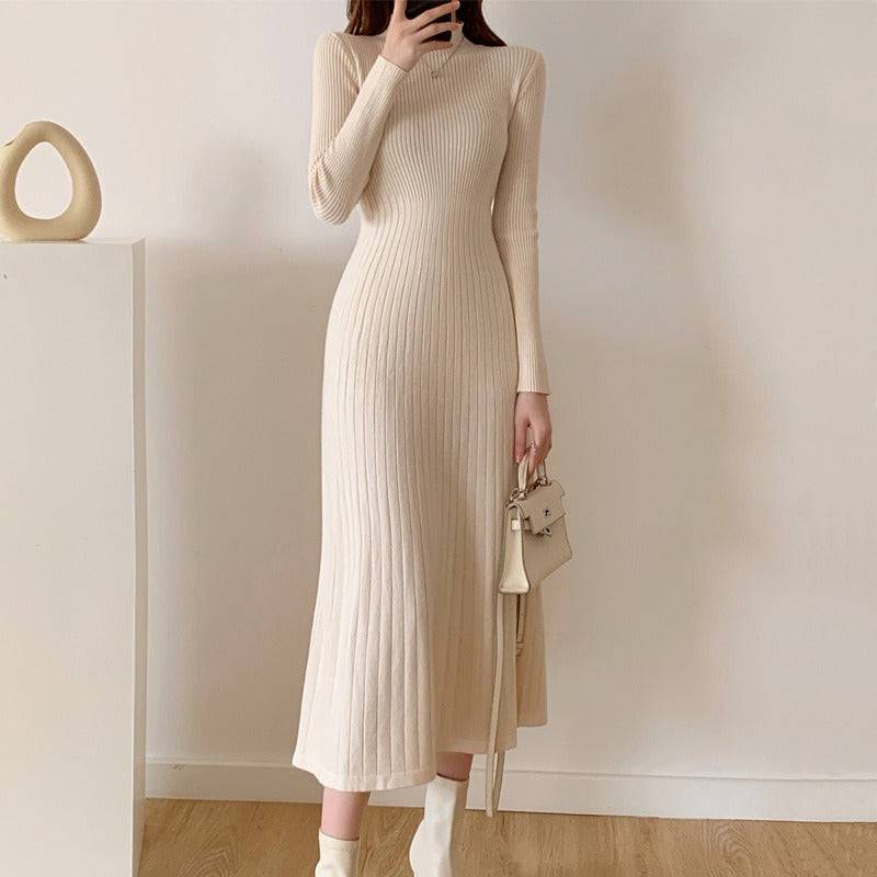 Mid length knee length sweater skirt with a half high collar and a bottom A-line knitted dress for women