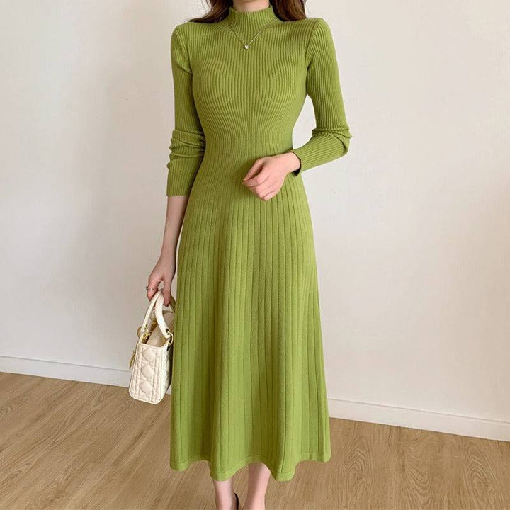 Mid length knee length sweater skirt with a half high collar and a bottom A-line knitted dress for women - Hot fashionista