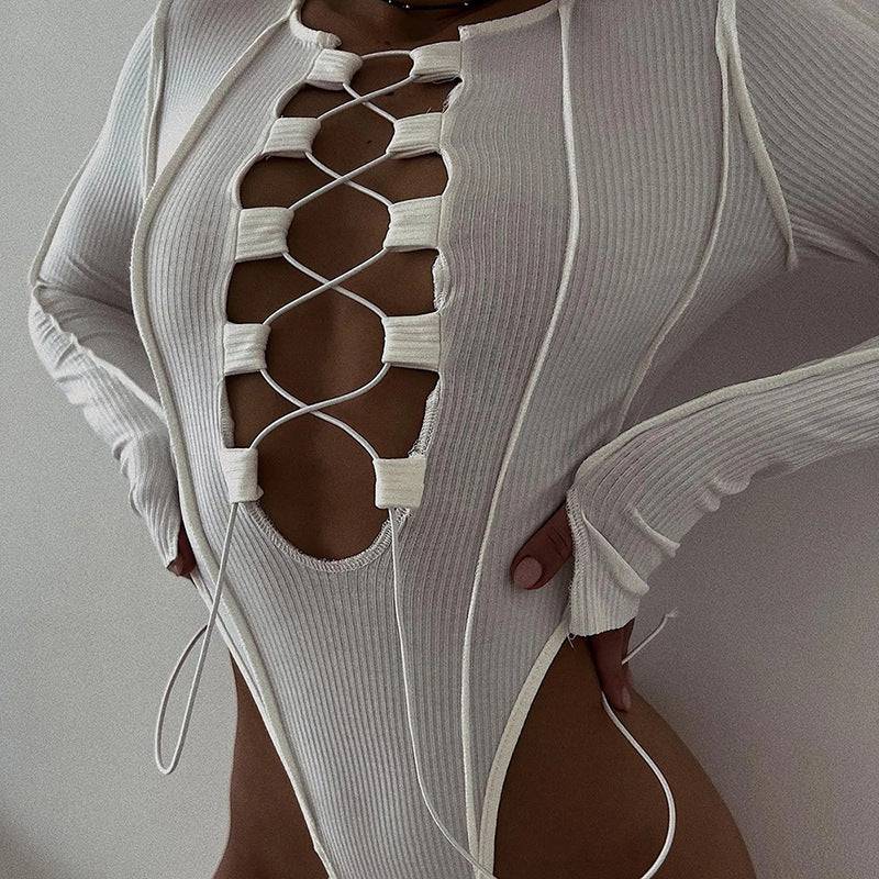 Autumn and Winter New Women's Fashion Bandage Bodysuit Sexy Hollow Long Sleeve T-shirt - Hot fashionista