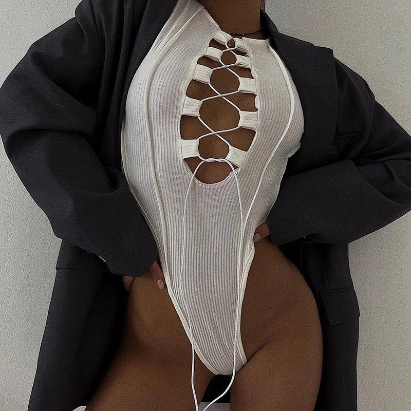 Autumn and Winter New Women's Fashion Bandage Bodysuit Sexy Hollow Long Sleeve T-shirt - Hot fashionista