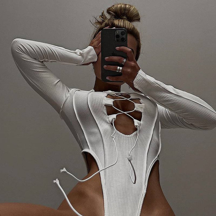 Autumn and Winter New Women's Fashion Bandage Bodysuit Sexy Hollow Long Sleeve T-shirt - Hot fashionista