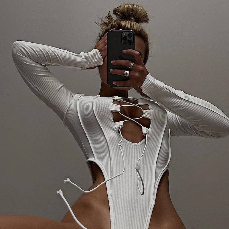 Autumn and Winter New Women's Fashion Bandage Bodysuit Sexy Hollow Long Sleeve T-shirt