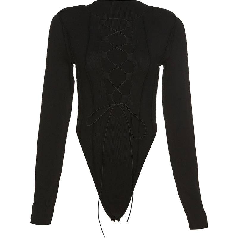 Autumn and Winter New Women's Fashion Bandage Bodysuit Sexy Hollow Long Sleeve T-shirt - Hot fashionista