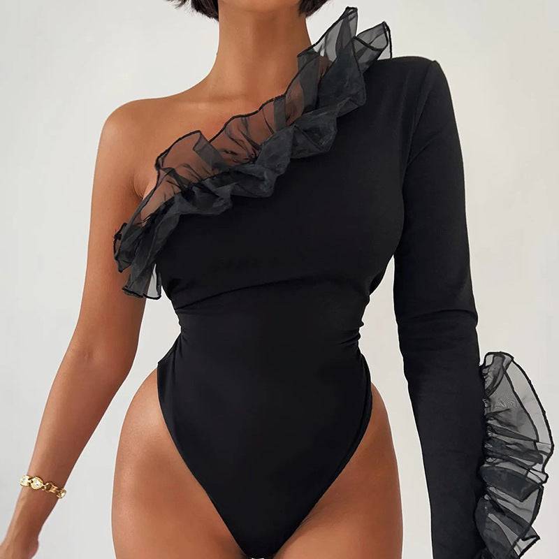 Autumn and Winter New Women's Fashion Mesh Fringe One Shoulder Sleeve Slim Wrap Hip Bodysuit T-shirt - Hot fashionista