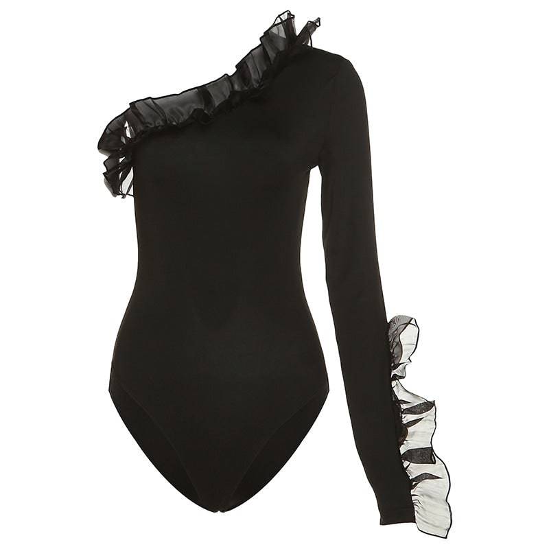 Autumn and Winter New Women's Fashion Mesh Fringe One Shoulder Sleeve Slim Wrap Hip Bodysuit T-shirt - Hot fashionista