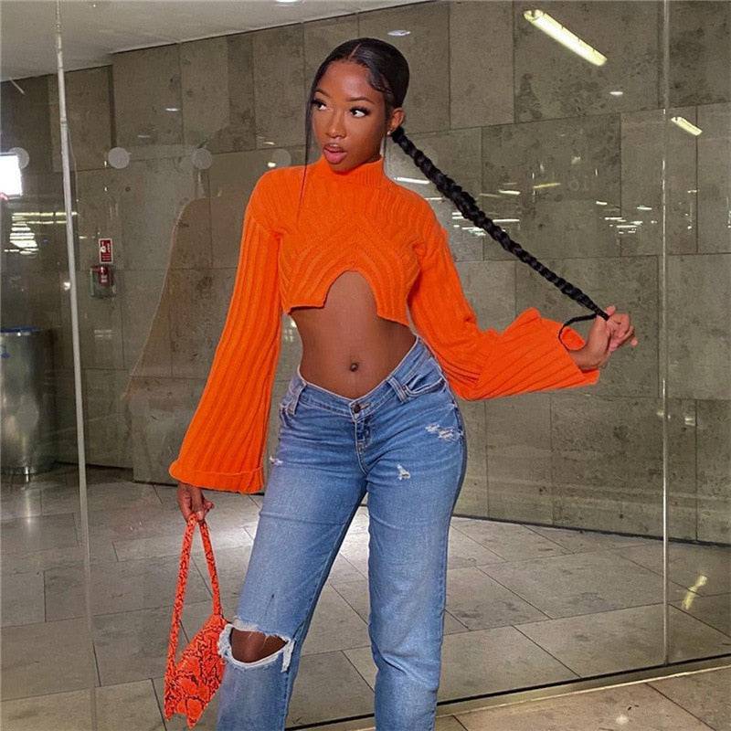 Crop Top Long Sleeve Knit Sweater T Shirt Women Y2K Streetswear Winter Clothes Fall Sexy Blouse Sweatshirt Cropped Tops - Hot fashionista