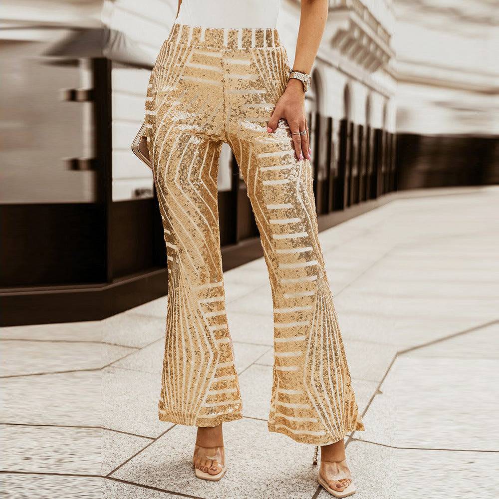 Fashionable sequin high waisted straight leg wide leg - Hot fashionista