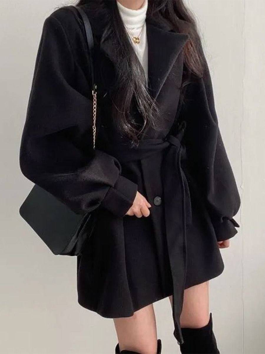 Hepburn style waistband woolen coat for women's autumn and winter lace up woolen coat - Hot fashionista