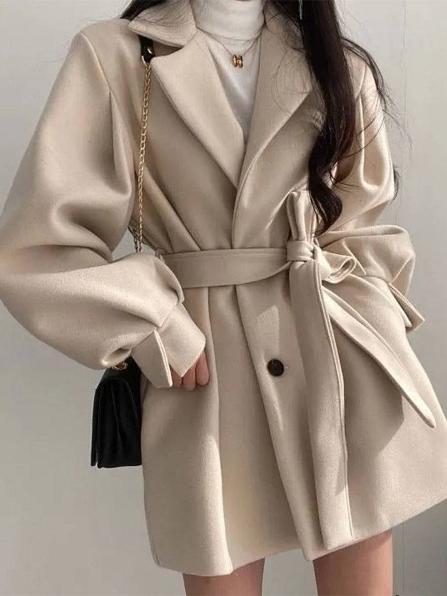 Hepburn style waistband woolen coat for women's autumn and winter lace up woolen coat - Hot fashionista